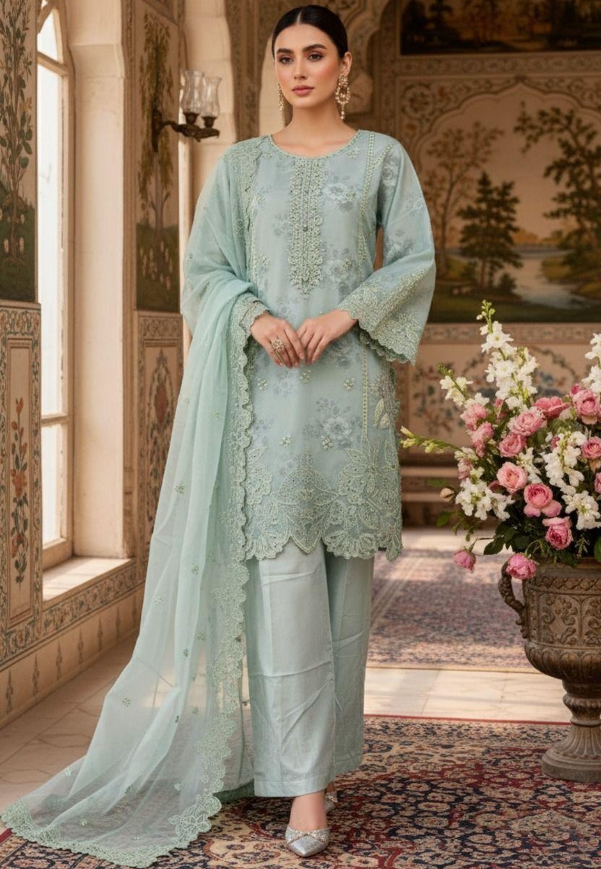 Noor’s- Mint Green Organza kameez shalwar-3pc