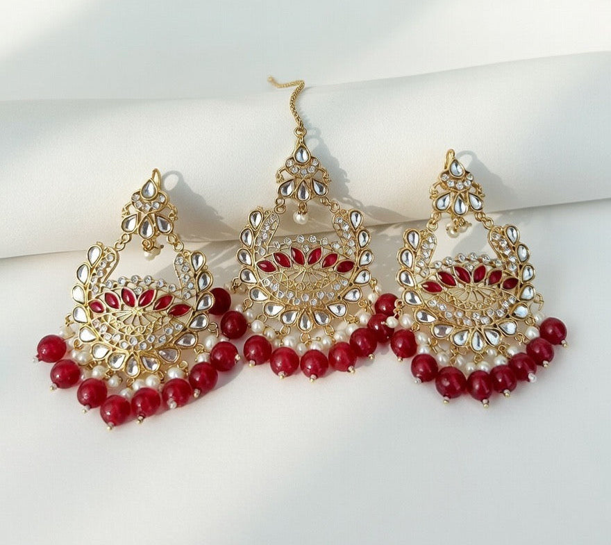 Burgundy Red-Kundan Earings and Tikka