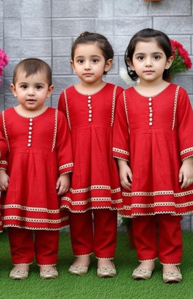 Red Cotail Baby Frock-2Pc