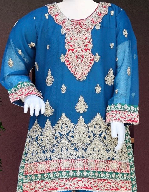 Blue 3pc-Crinkle Chiffon Sharara Set