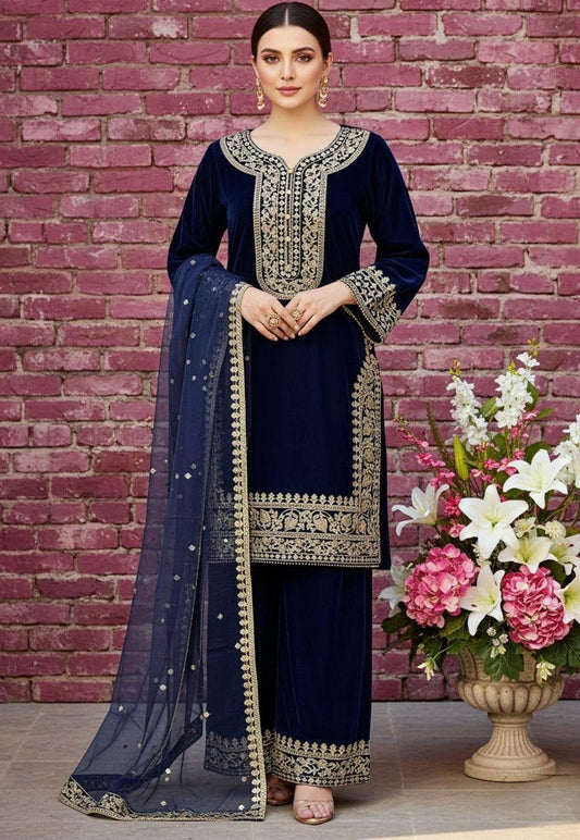 Noor’s-Embroidered Velvet-Navy Blue