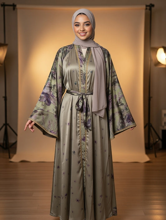 Noor’s-Printed Silk Abaya set-2pc