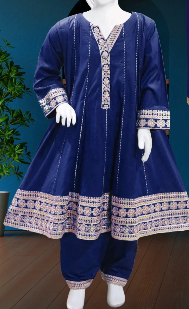 Embroidered Cotton 3pc Frock -2 Colours-