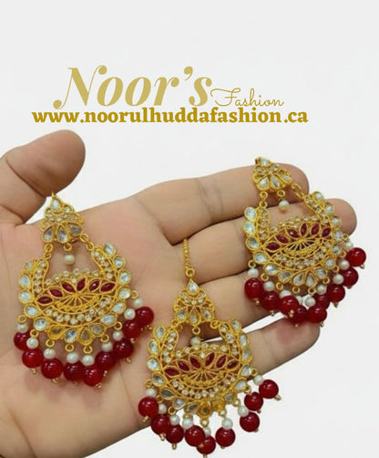 Burgundy Red-Kundan Earings and Tikka