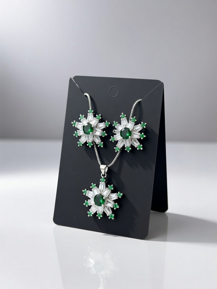 Silver Green-3D Zircon Locket Set