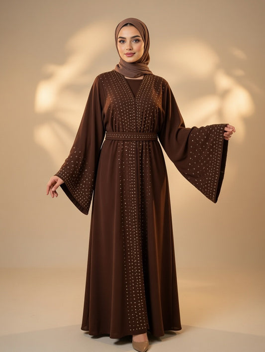 Noor’s-Dark Brown Luxury Abaya set-4pc