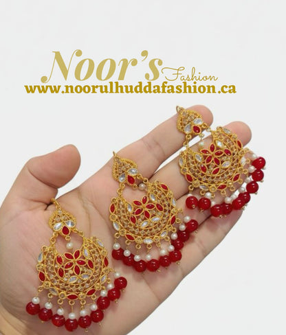 Red-Kundan Earings and Tikka