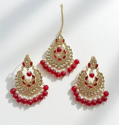 Red-Kundan Earings and Tikka
