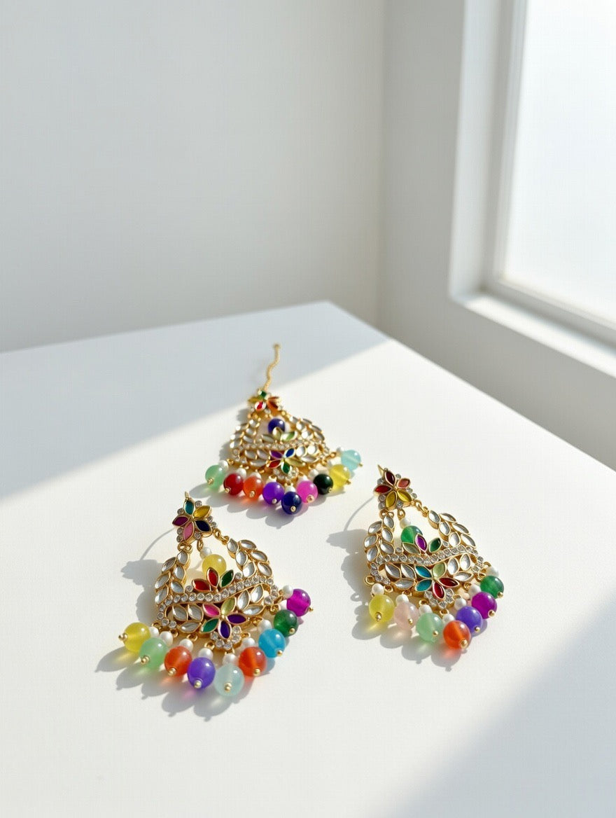 Multi Colour Earrings and Tikka