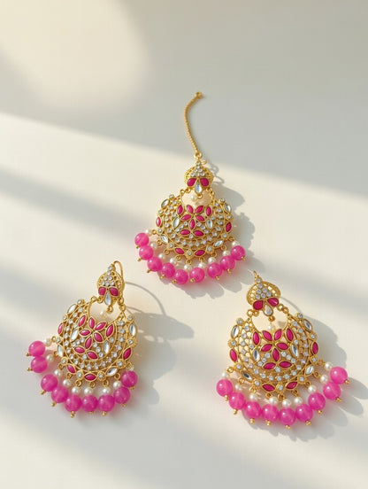Light Pink-Kundan Earings and Tikka