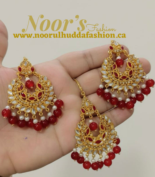 Red-Kundan Earings and Tikka
