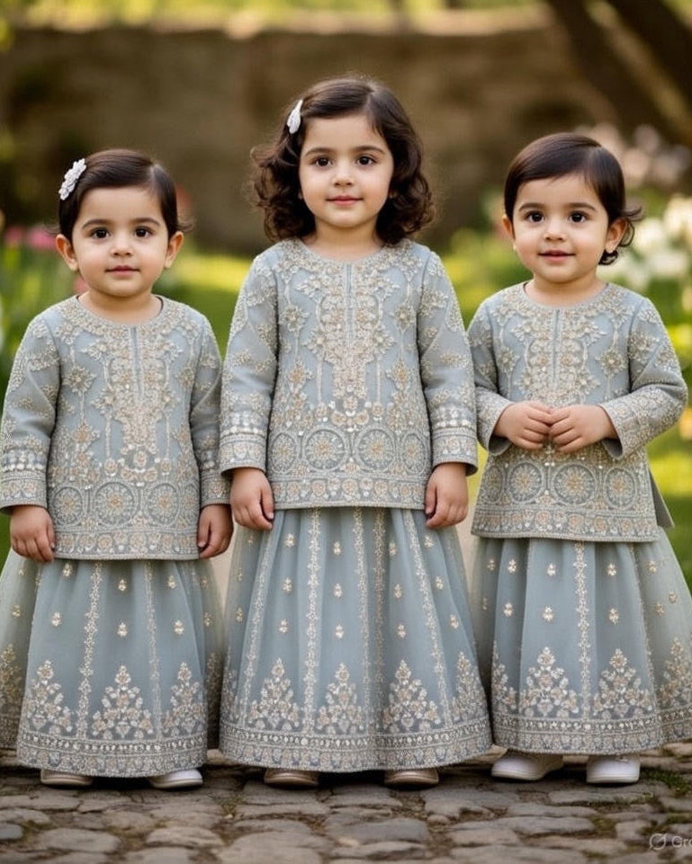 Grey Net Lehnga-Baby-3pc