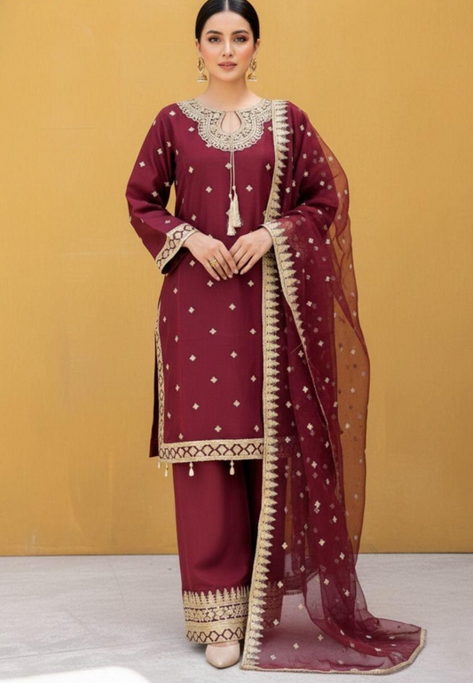 Noor’s Festive-Kameez shalwar Organza-Burgundy-3pc