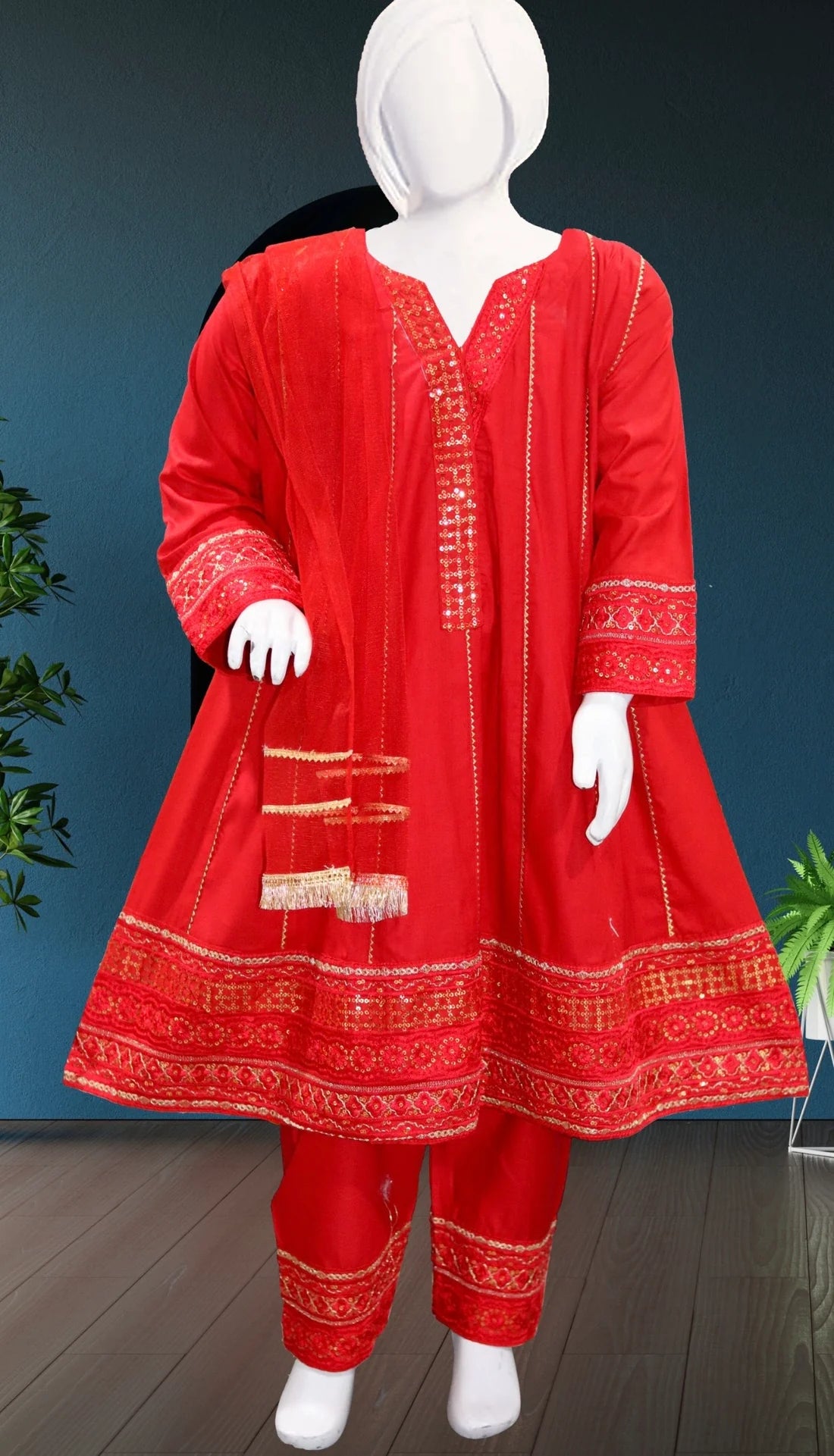 Noor’s-Red Cotton Frock-3Pc