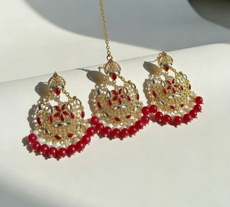 Red-Kundan Earings and Tikka