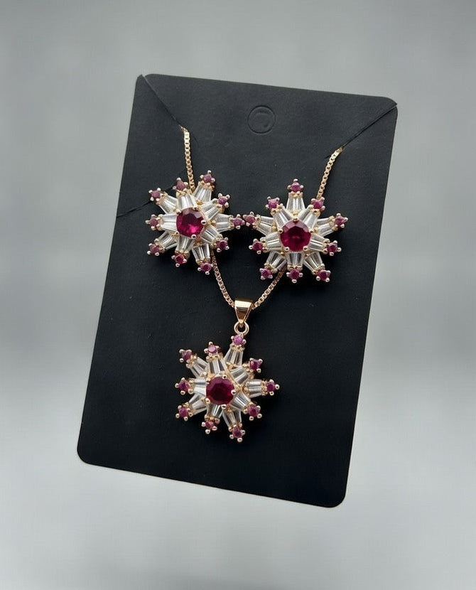 Burgundy Gold-3D Zircon Locket Set