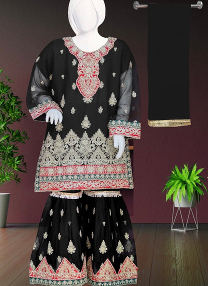 Black 3pc-Crinkle Chiffon Sharara Set
