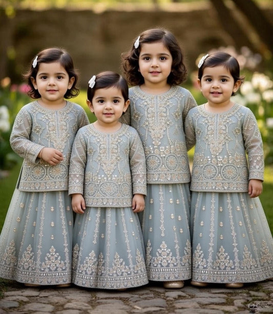 Grey Net Lehnga-Baby-3pc
