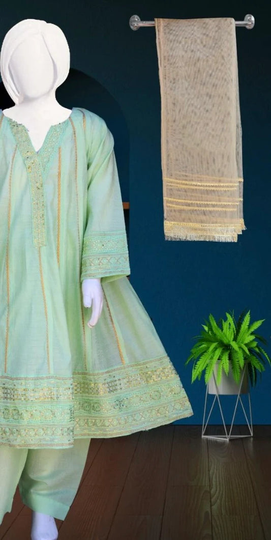Noor’s-Mint Green Cotton Frock-3Pc