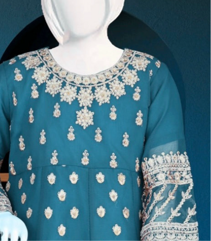 Blue-3pc Crinkle Chiffon Frock Set