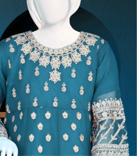 Blue-3pc Crinkle Chiffon Frock Set