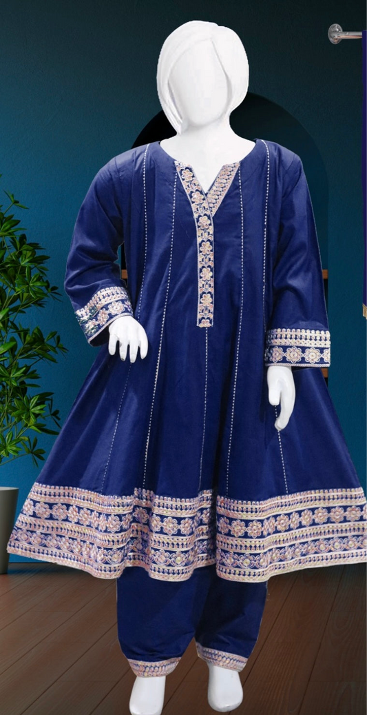 Navy Blue-3pc Cotton Frock