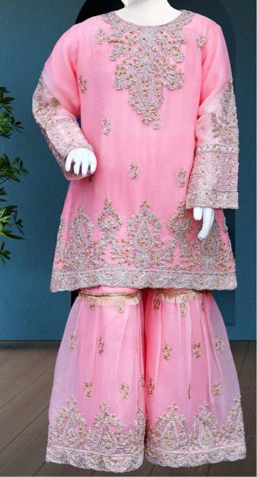 Pink 3pc-Crinkle Chiffon Sharara Set