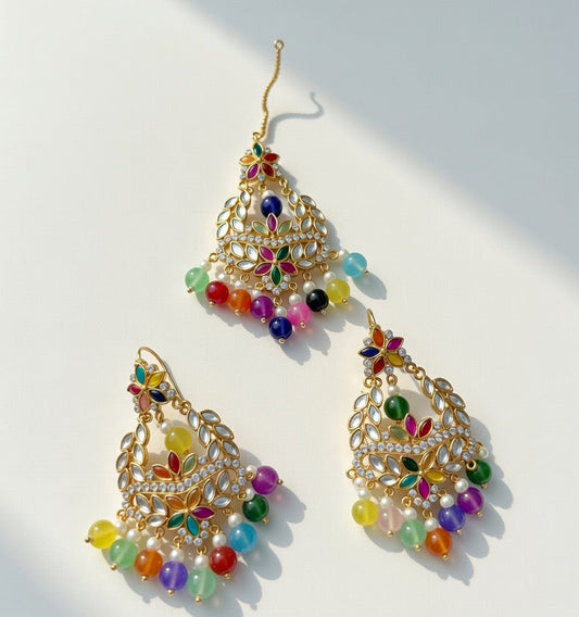 Multi Colour-Kundan Earings and Tikka