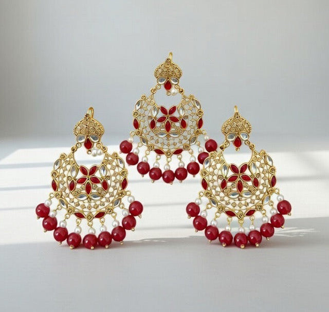 Red-Kundan Earings and Tikka