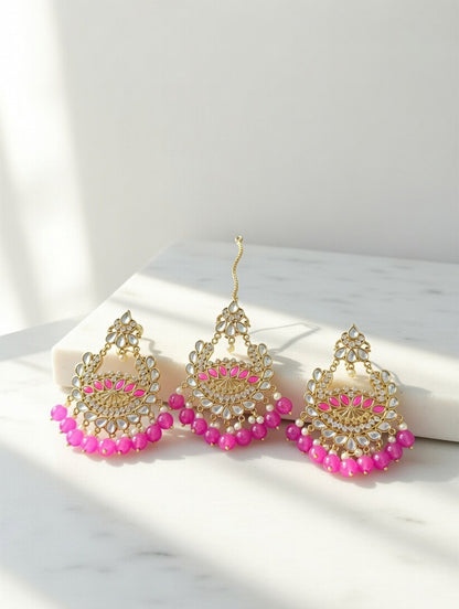 Pink-Kundan Earings and Tikka