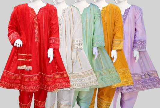 Embroidered Cotton 3pc Frock -5 Colours-
