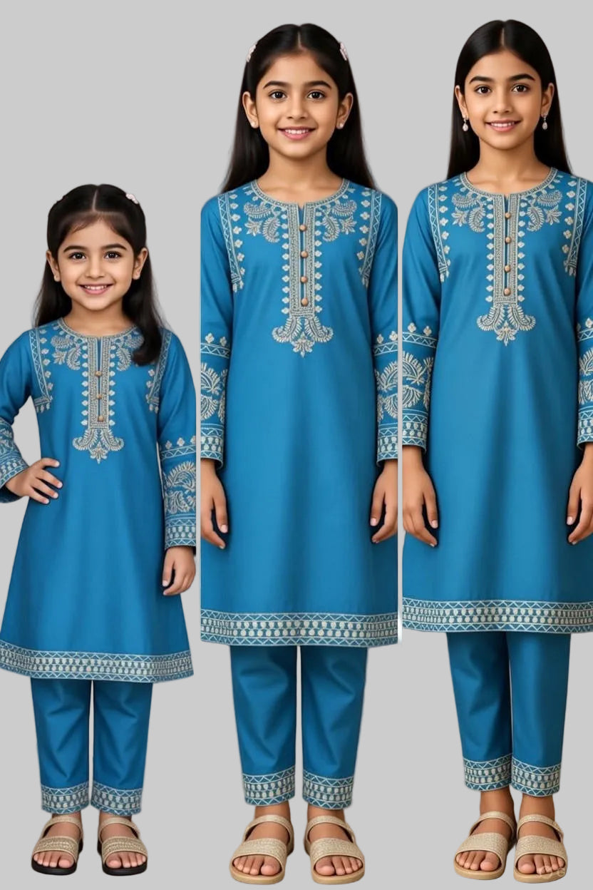 Noor’s-Blue Linen Kameez Shalwar-3Pc
