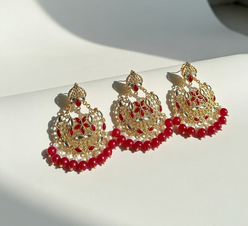 Red-Kundan Earings and Tikka