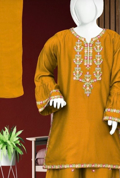 Noor’s-Mustard linen Kameez Shalwar-3Pc