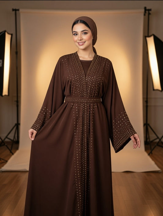 Noor’s-Dark Brown Luxury Abaya set-4pc