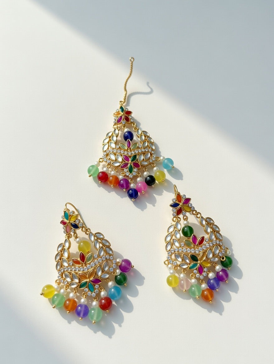 Multi Colour Earrings and Tikka