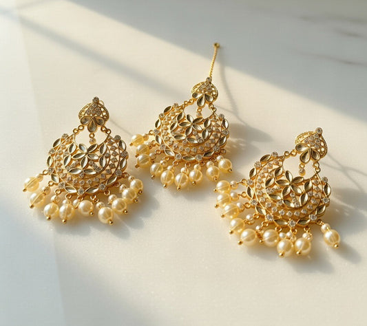 Golden-Kundan Earings and Tikka