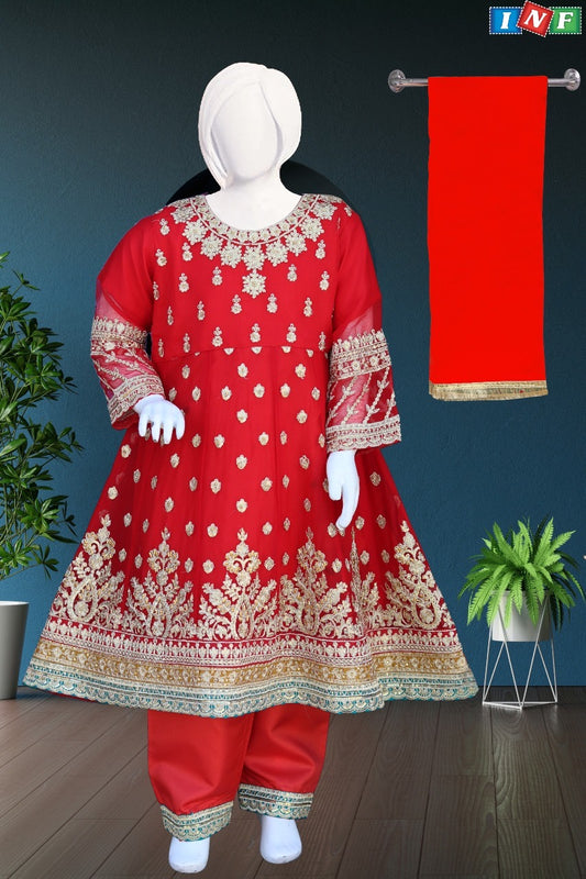 Red-3pc Crinkle Chiffon Frock Set