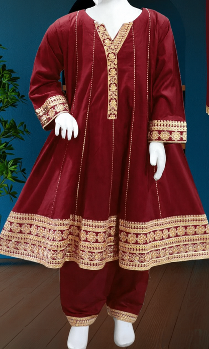 Embroidered Cotton 3pc Frock -2 Colours-