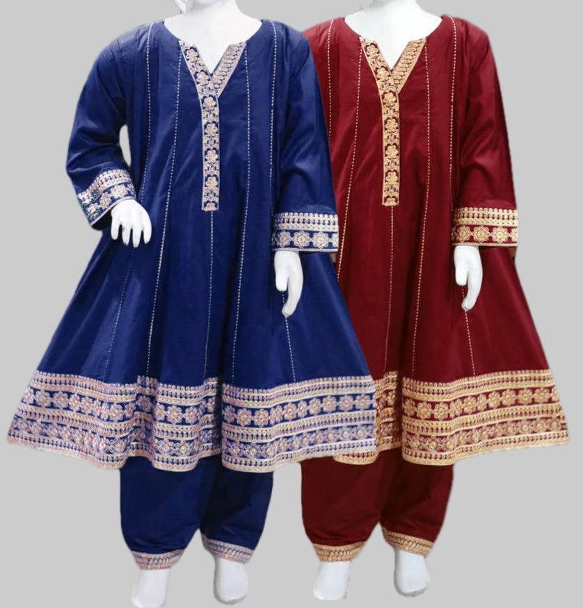 Embroidered Cotton 3pc Frock -2 Colours-
