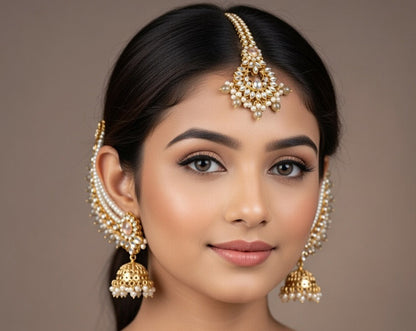 Golden-Kundan jhumka and Tikka