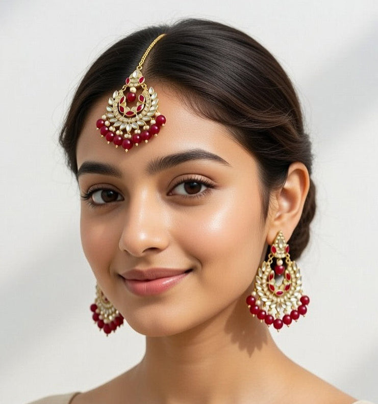 Burgundy Red-Kundan Earings and Tikka