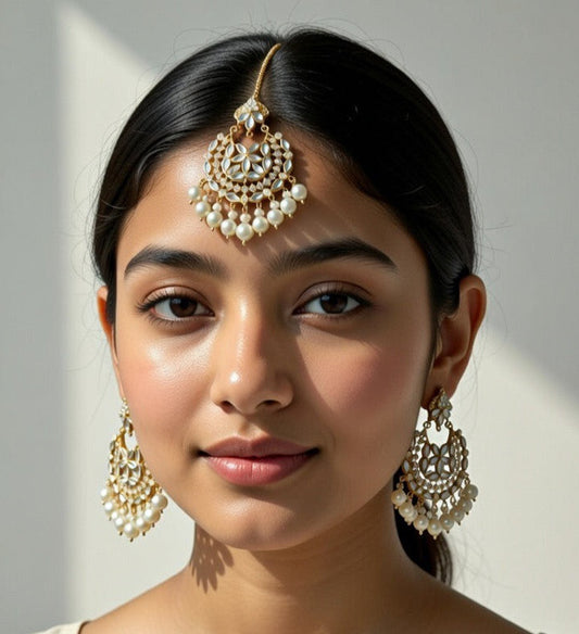 Pearl-Kundan Earings and Tikka