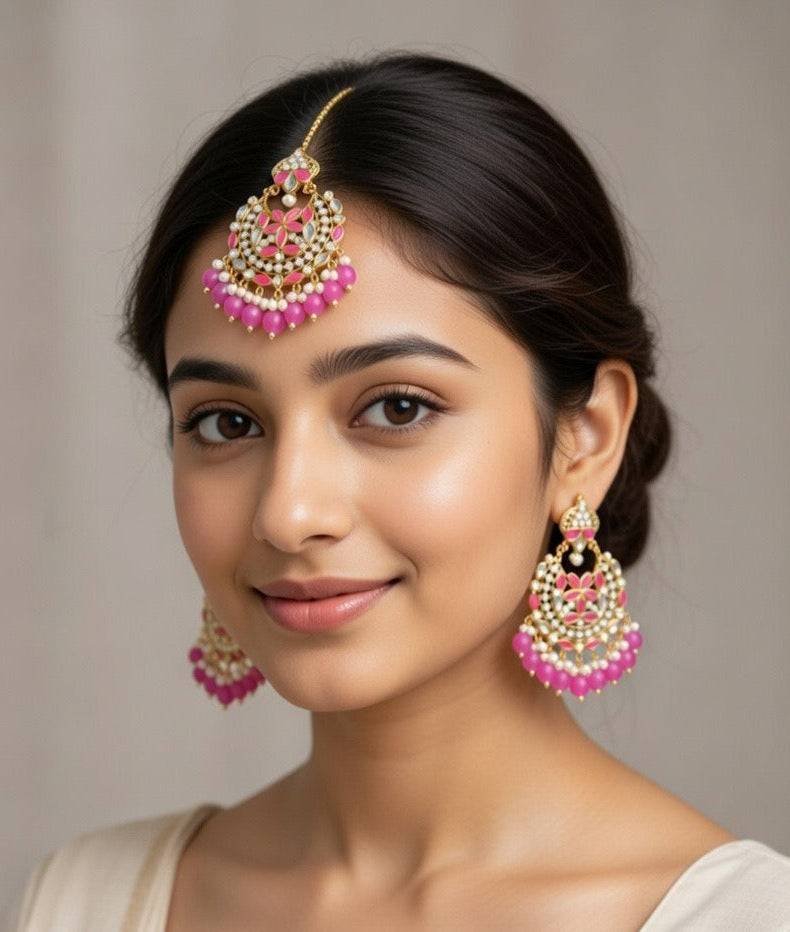Light Pink-Kundan Earings and Tikka