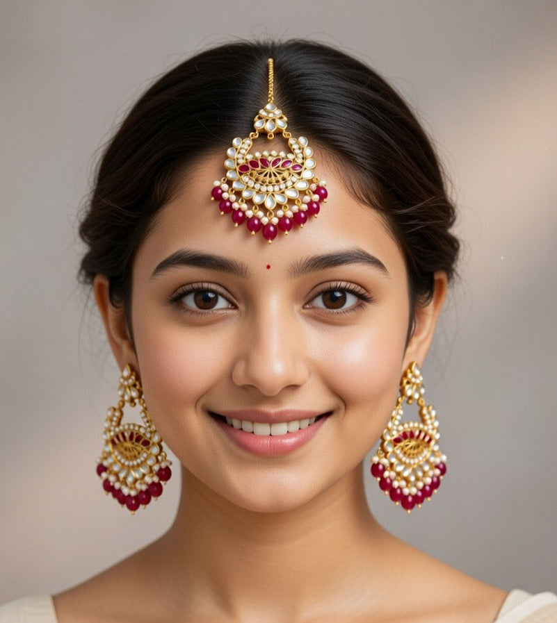 Burgundy Red-Kundan Earings and Tikka
