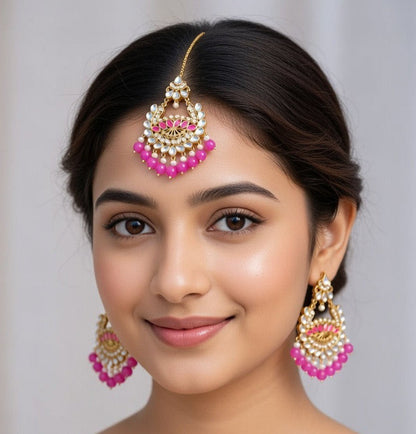 Pink-Kundan Earings and Tikka