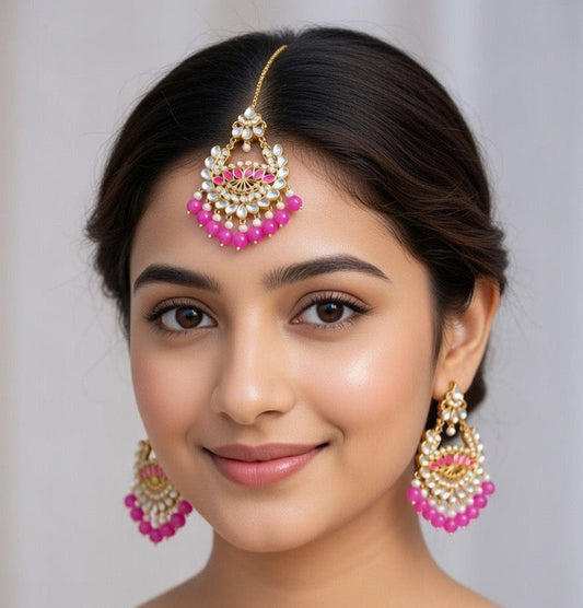 Pink-Kundan Earings and Tikka