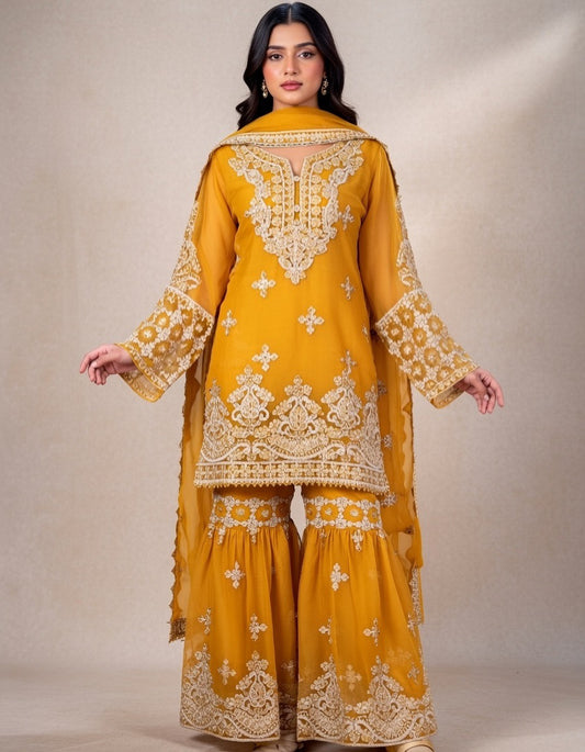 Noor’s-3Pc Sharara Set-Mustard